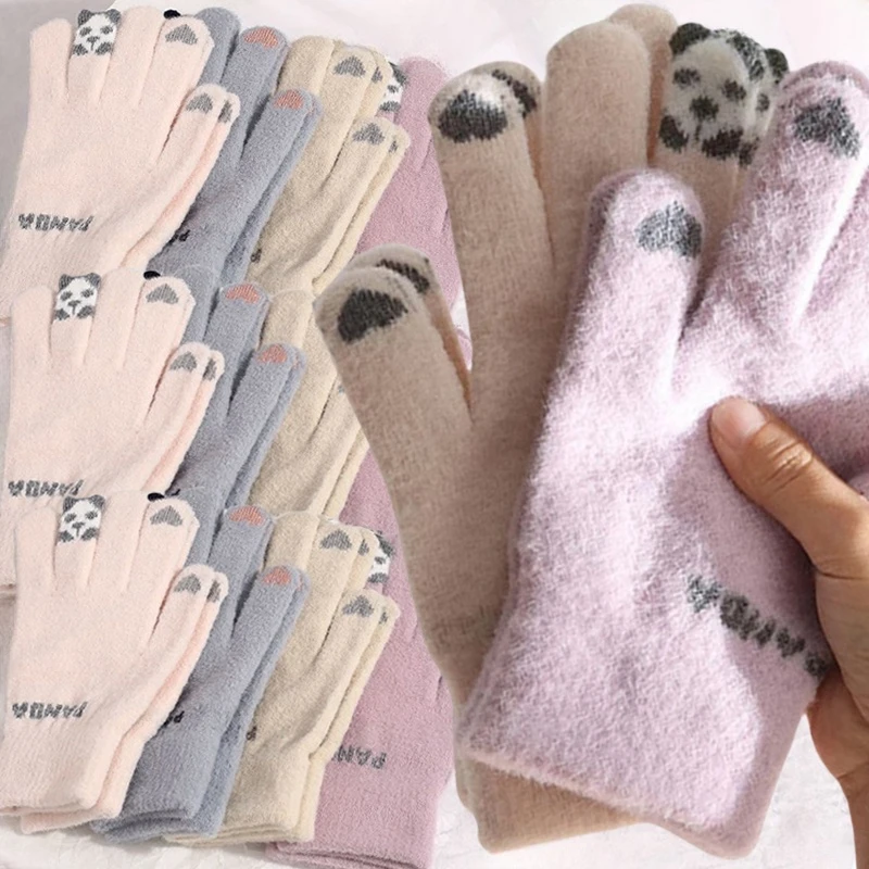 Autumn Winter Female Girls Lovely Panda Riding Warm Thickened Coldproof Student Knitted Wool Screen Cotton Gloves Five Fingers