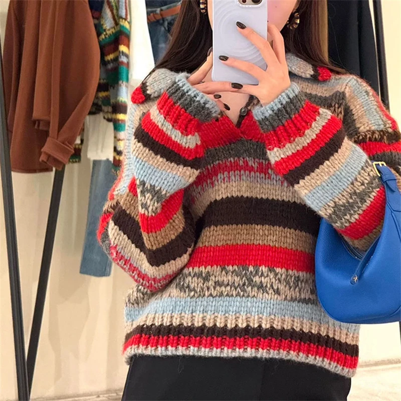 High-quality autumn new wool blend retro color-blocked striped collar knit sweater for women fashionable casual rainbow pullover