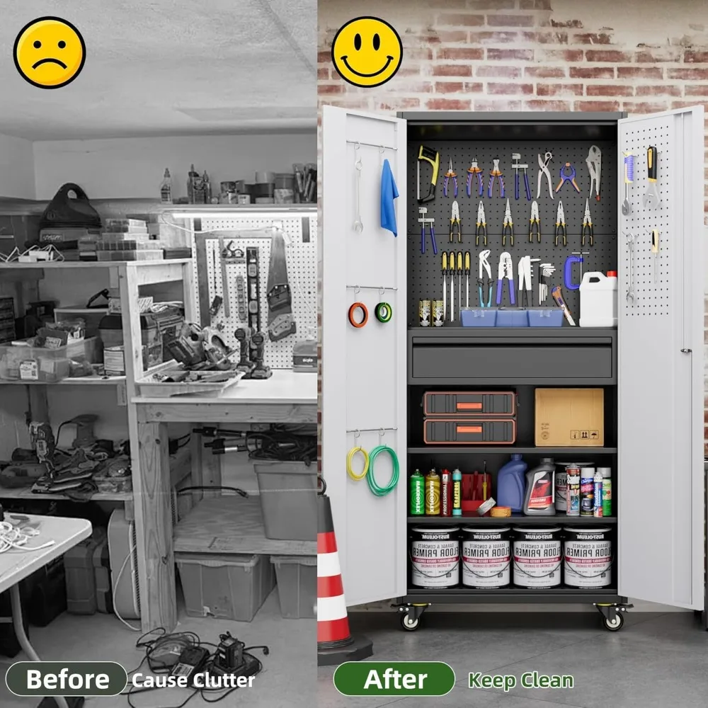 خزانة تخزين جراج بعجلات، خزانة تخزين أدوات معدنية مع درج واحد للمنزل، تتطلب التجميع، أسود ورمادي