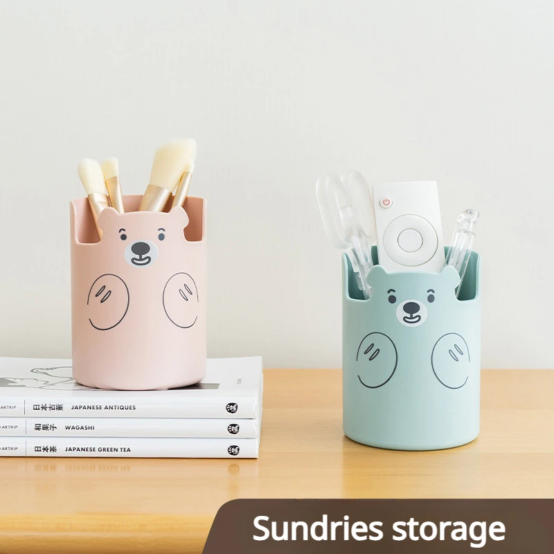 Japanese Ins Cute Cartoon Bear Pen Holder Creative Mobile Phone Holder Makeup Brush Storage Bucket Office Desktop Accessories