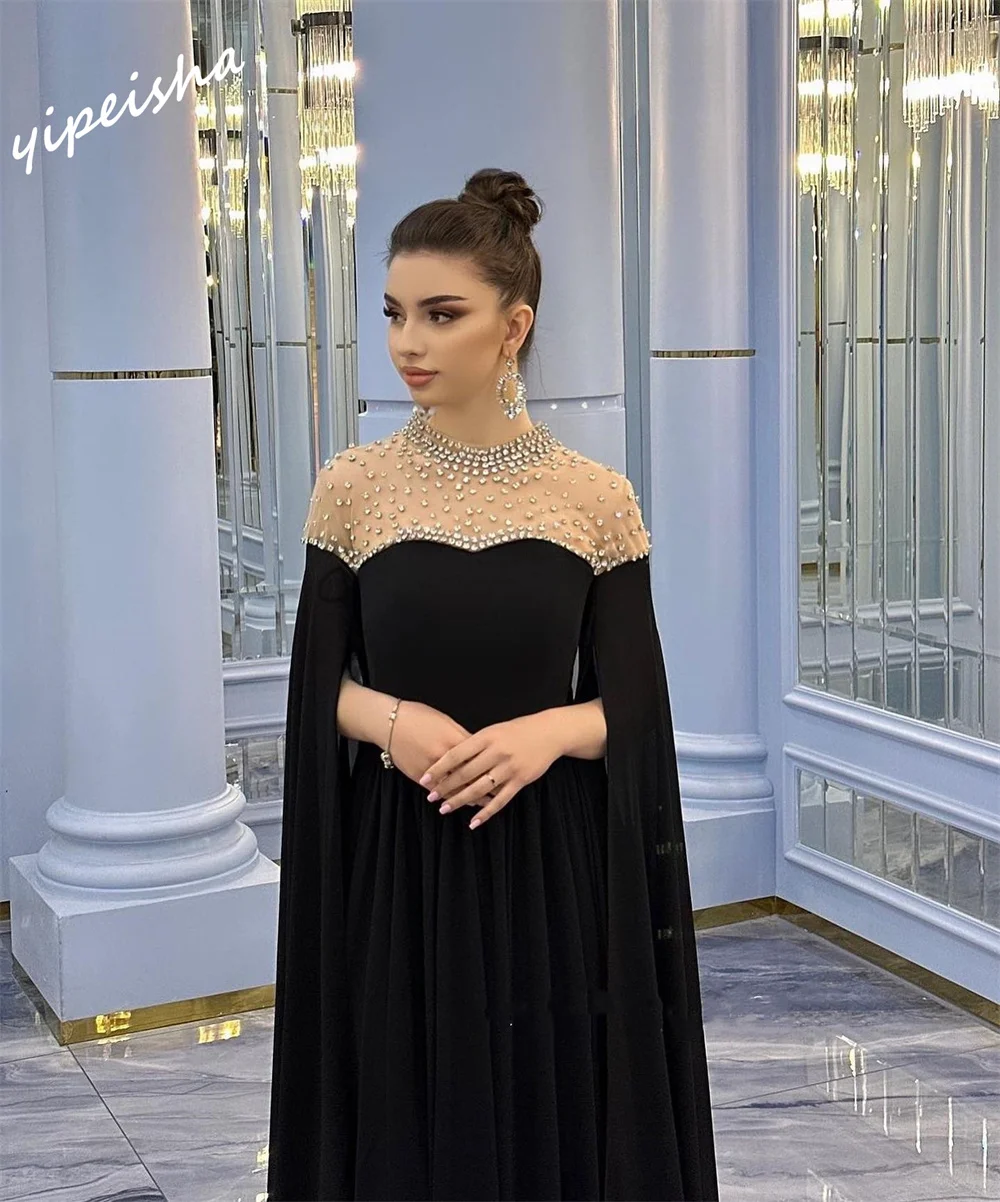 Prom Dress Saudi Arabia   Exquisite High Collar A-line es Rhinestone Vertically Chiffon Customized