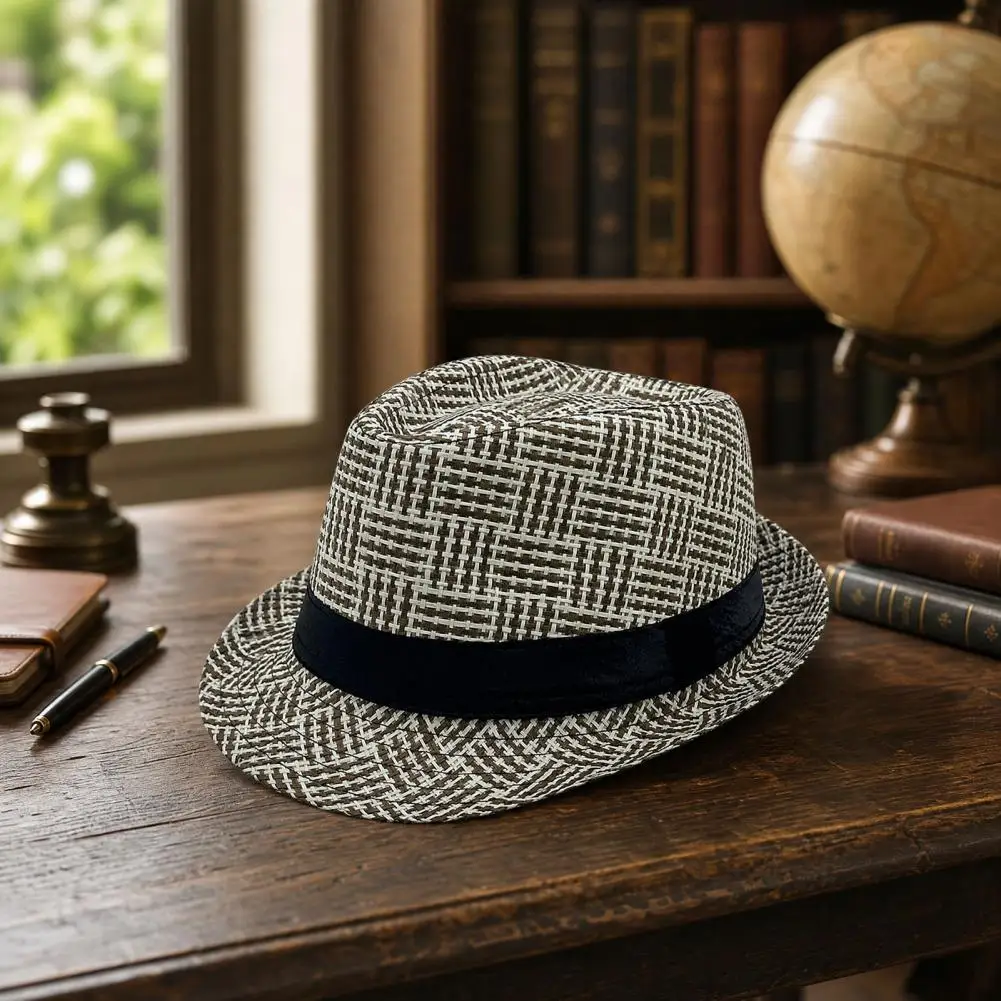 Retro British Style Jazz Hat, Woven Short-Brimmed Straw Hat, Sun Protection Hat for Spring Summer Fedora Hat Outdoor Activities