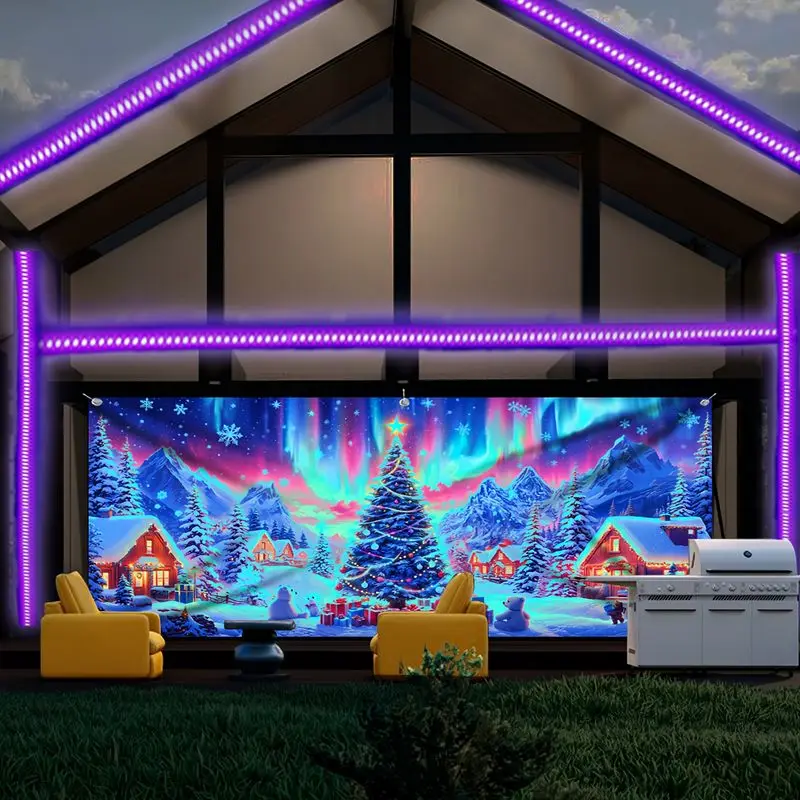 VIKAMA Black Light Borealis Yuletide Village Conifer UV Active Tapestry Holiday Wall Decor Accent Stylish Soft Durable Cozy Gift