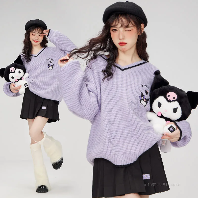 Sanrio Kuromi My Melody Cinnamoroll Pom Pom Purin Sweater Women's Loose Navy Collar Cute Pullover Autumn New Sweet Girl Knit Top