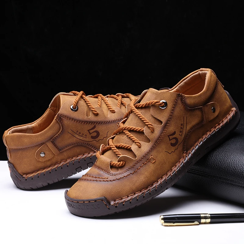 Men Genuine Leather Casual Shoes Outdoor Hiking High Quality Moccasins Comfortable Breathable Soft Non-slip Rubber Sole