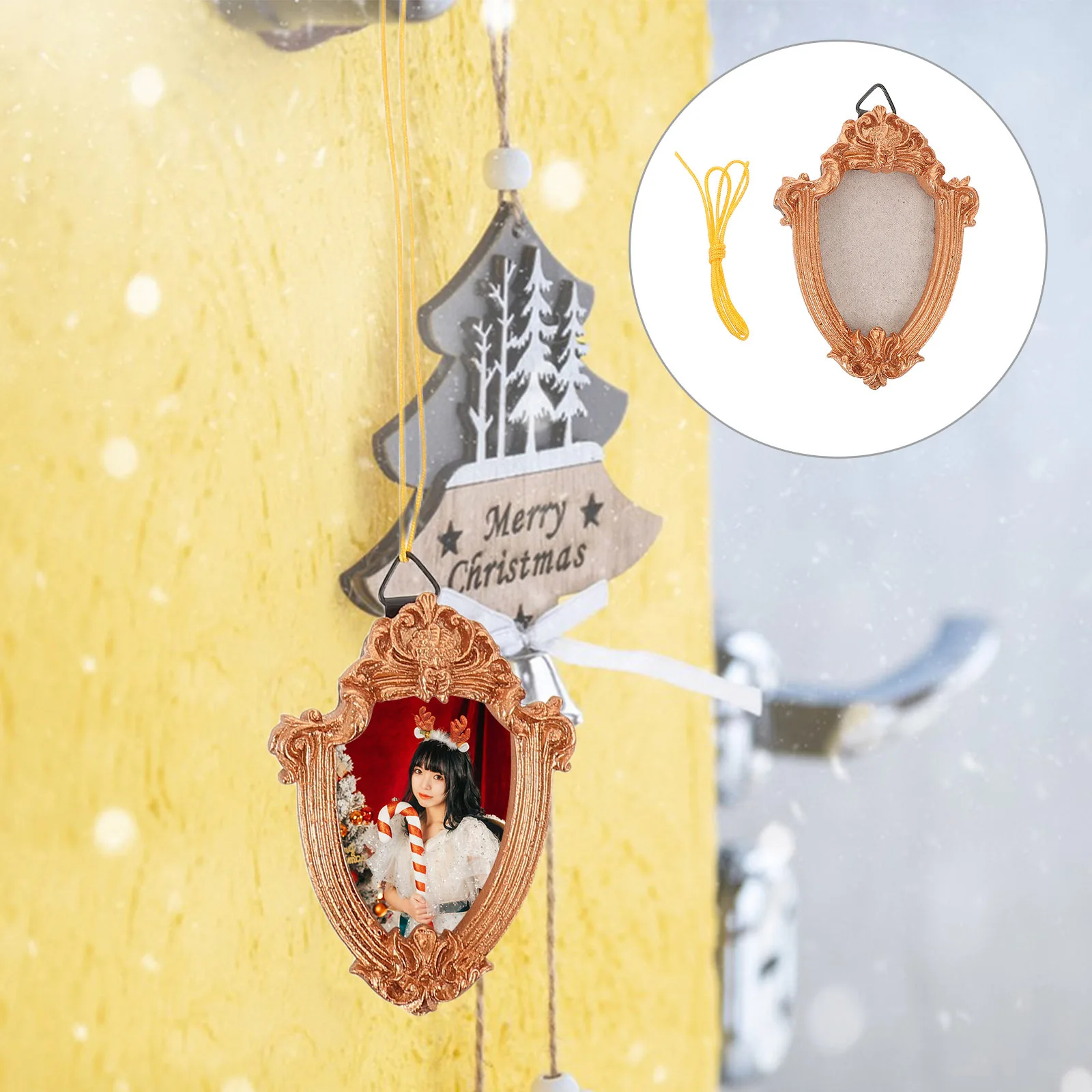 

Vintage Mini Oval Picture Frame Rope Hanging Christmas Tree Ornament Holiday Photo Display Baroque Style Home Wedding
