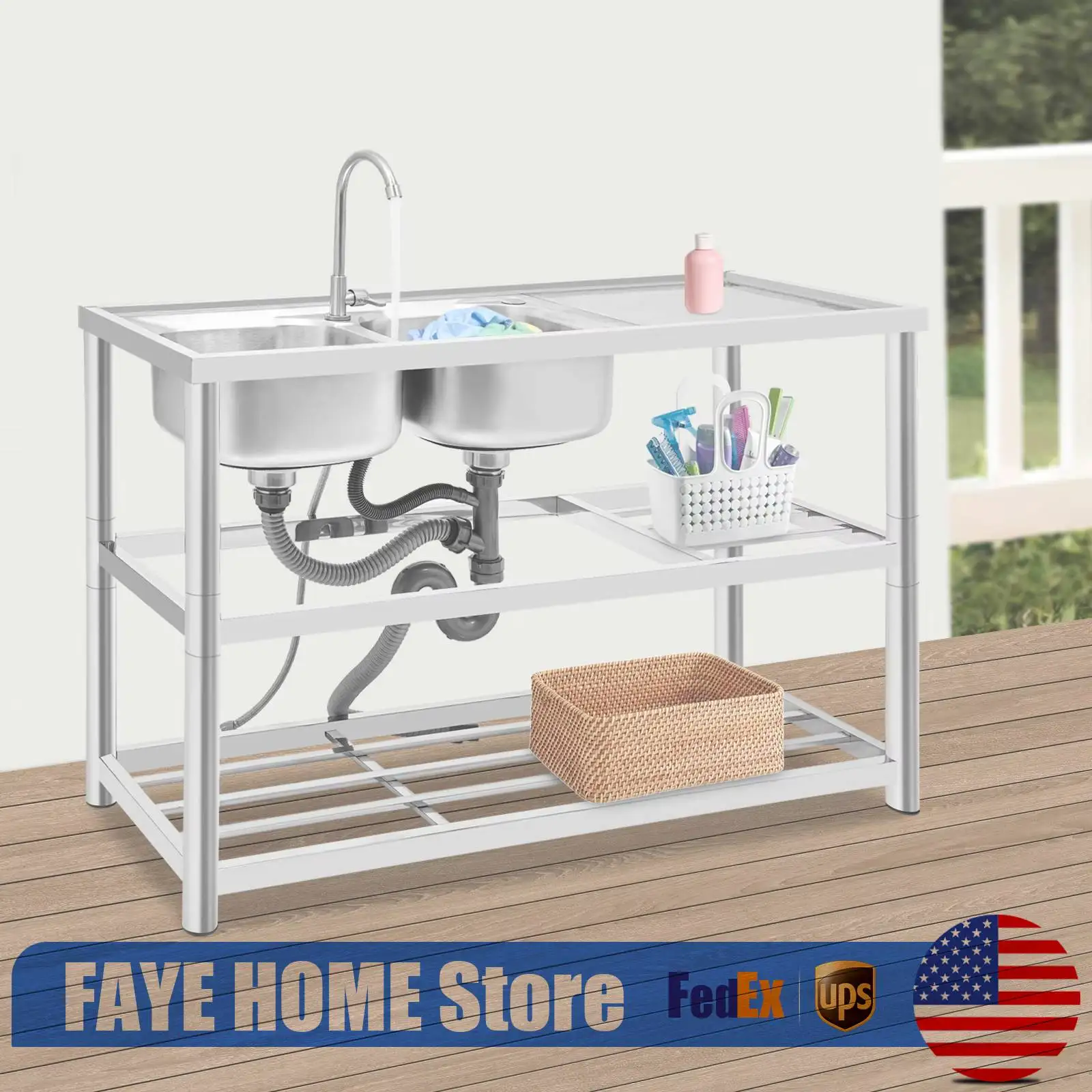 

Stainless Steel Sink, 120cm Left Hand Double Basin 3-Tier Commercial Kitchen Sink with Faucet