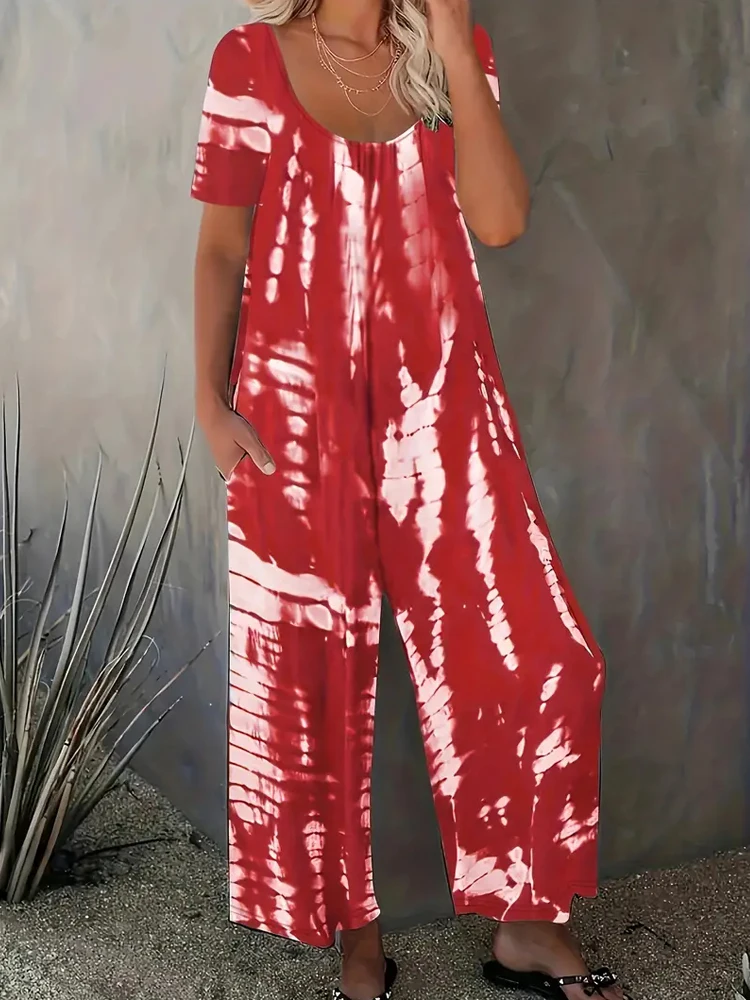 

2025 Plus Size Women Summer Jumpsuit Allover Print Wide Leg Relaxed Fit Short Sleeve Round Neck Pockets Comfortable Outfit