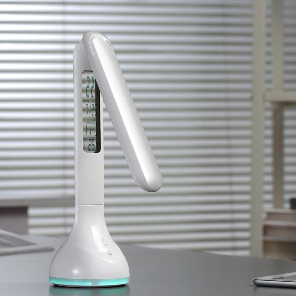 Portable Rechargeable LED Desk Lamp Eye Control Dimmable Table Lamp 3-Level Brightness Calendar Alarm Clock