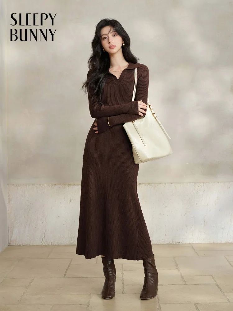 

Elegant Ribbed Knit Long Dress with V Neck for Women Chic Slim Fit Maxi Sweater Dress Casual Early Spring Commuter Lady Look