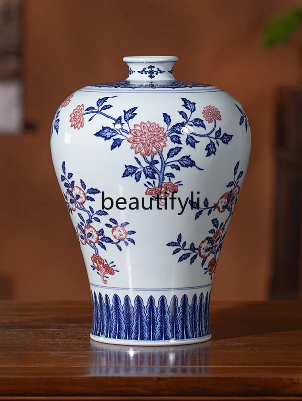 Jingdezhen ceramic vase ware blue and white porcelain underglaze red classic replica antique new Chinese plum vase ornament