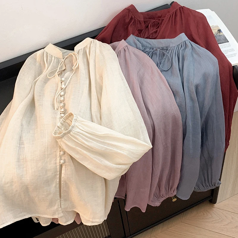 

Ultra-Thin Cotton Linen Blouse with Elastic Sves Single-Row Buttons Loose Fit Women's Lantern Sve Sun Protection irt