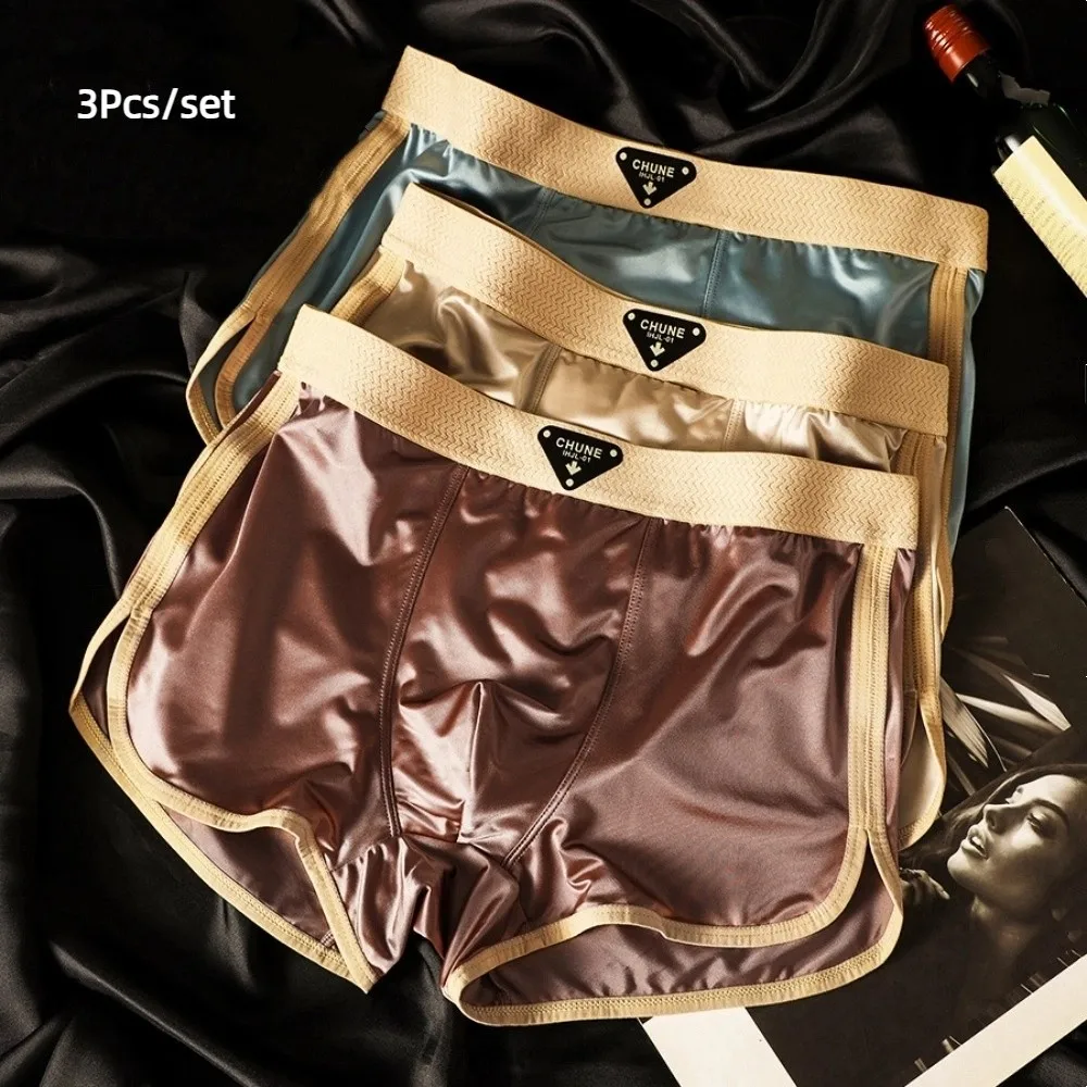 Calzoncillos Boxer de seda satinada finos simples de 3 uds., Boxers de seda helada sin costuras a media cintura, ropa interior de Color sólido para hombres y hombres