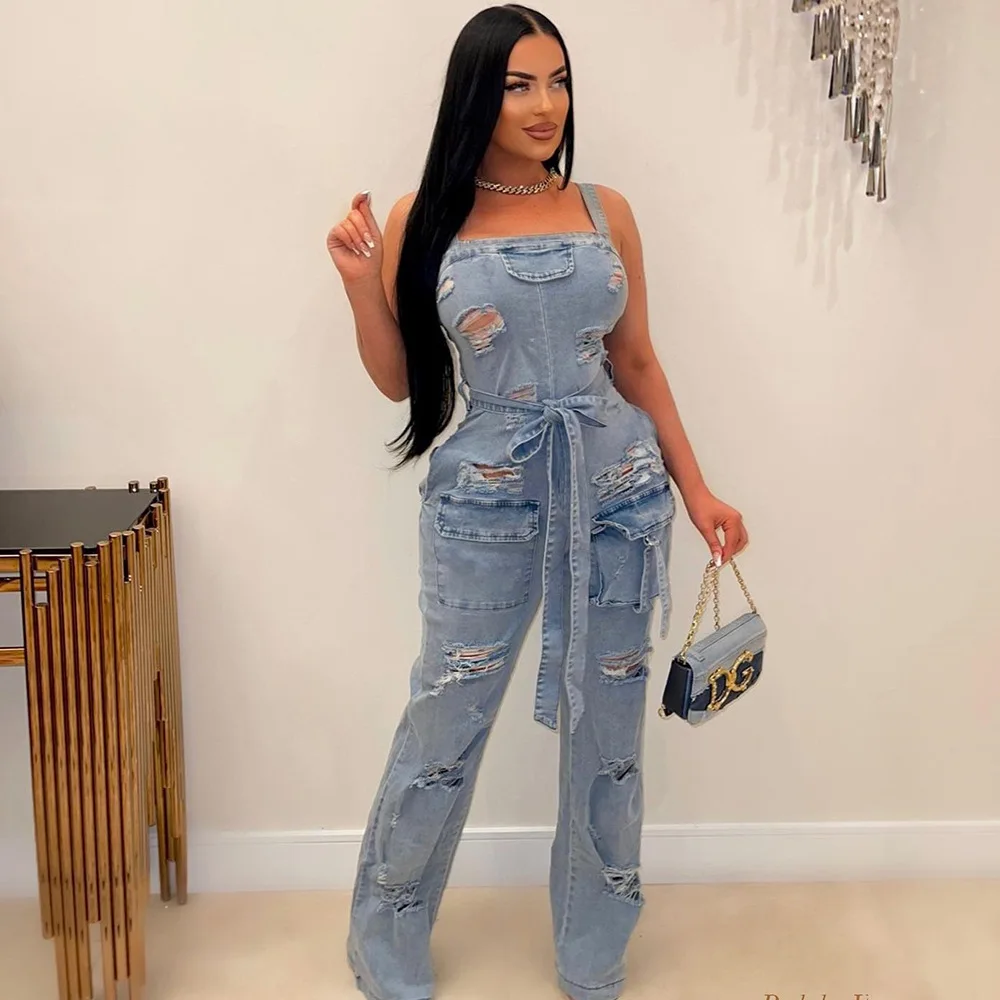 

Women Jumpsuit Sexy Sleeveless Ripped Tassels Denim Jumpsuits Streetwear Lady Casual Hole Straight-Leg Overalls Jean Jumpsuit