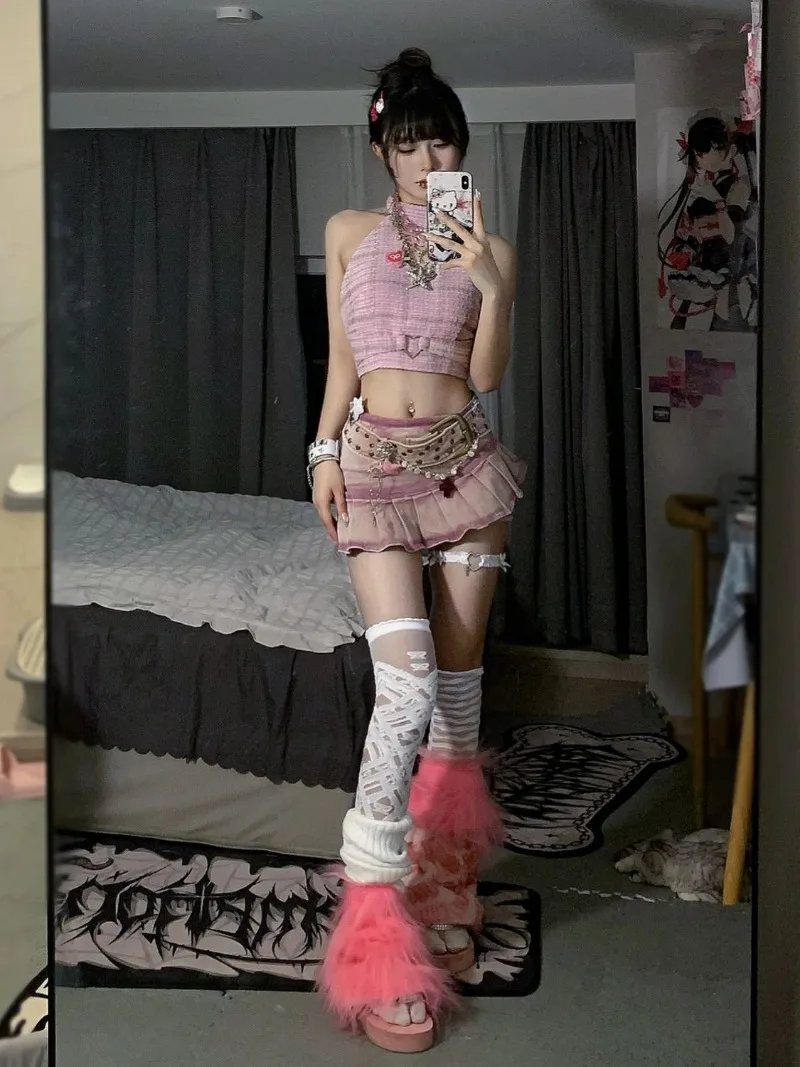 Faldas de diseño pesado teñido anudado estético Y2k de verano, falda Punk con diseño de cinturón Harajuku de fondo corto Popular sexi de calle americana