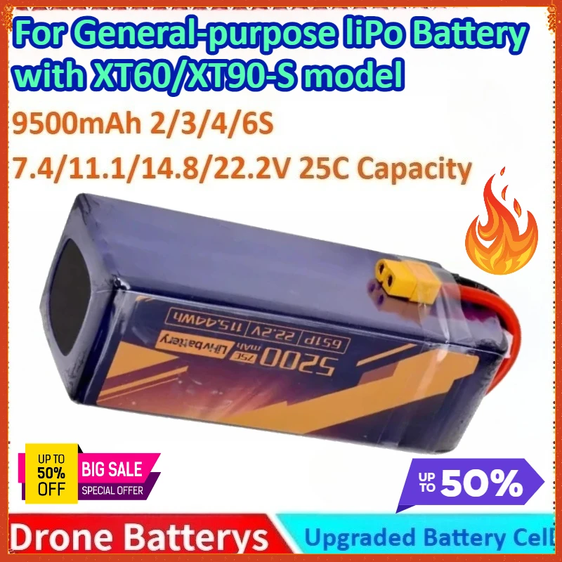 

New 9500mAh 25C Capacity 2/3/4/6S 7.4/11.1/14.8/22.2V General-purpose LiPo Battery for RC Fixed-Wing Airplanes with XT60/XT90-S