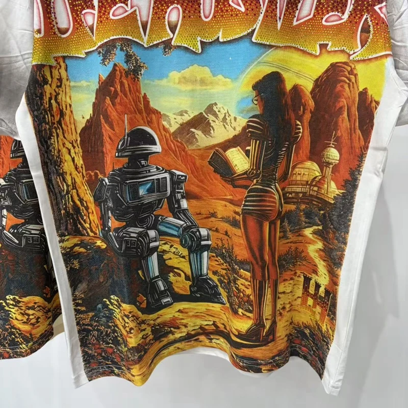 Unisex Oversize Personalisiertes Baumwoll-T-Shirt mit Retro-Wüstenroboter-Grafik für Herren, Strass-Bordüre, Verwaschener Look, Lässiges Tee-Shirt – Detail 9