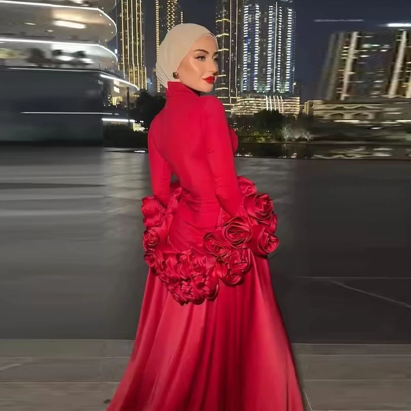 

2025 3D цветок со шлейфом для свадебной вечеринки, вечерние платья с высоким воротом, красные вечерние платья по индивидуальному заказу, платье для выпускного вечера на молнии с длинными рукавами