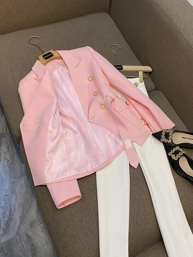 Imagem -04 - Nova Cor-de-rosa Botões de Ouro Lapela Magro Blazers com Blet para Feminino Casual Elegante Senhora Jaqueta Topos 2023