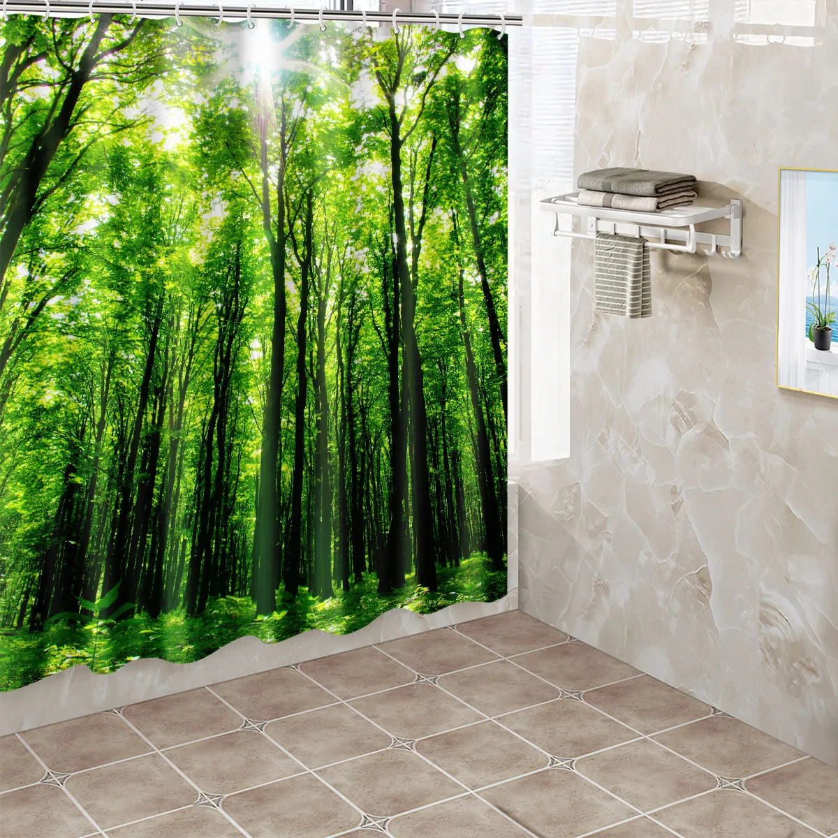 1pc Forest Shower Curtain Bathroom Partition Decorative Curtain Machine Washable Green Scenery Print Window Privacy Curtain