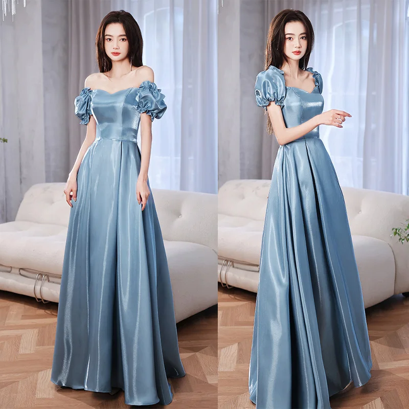 

It's Yiiya Strapless Elegant Short Sleeves Satin Pleat Floor-Length A-Line Lace Up Sky Blue Formal Dress Dress Woman Party A2833