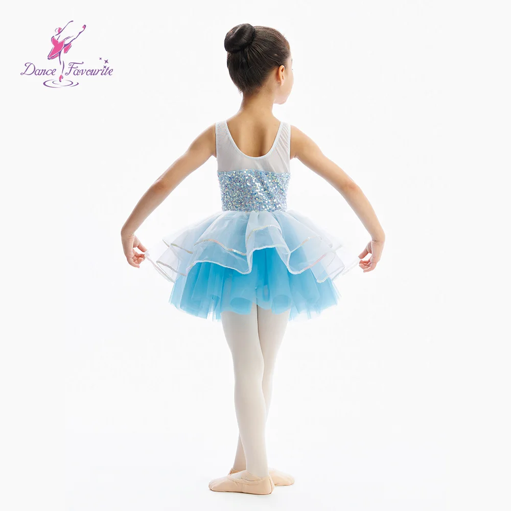 ชุดบัลเลต์เด็ก C26051 ชุดเต้นรำกระโปรงบัลเลต์สีขาวประดับเลื่อม พร้อมกระโปรงบัลเลต์สีฟ้าอ่อนสำหรับการแสดงบนเวที