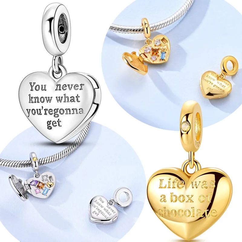 

Original 925 Sterling Silver Charms Gold Heart Chocolate Box Pendant Fit Original Bracelet Necklace For Women DIY Jewelry Gift