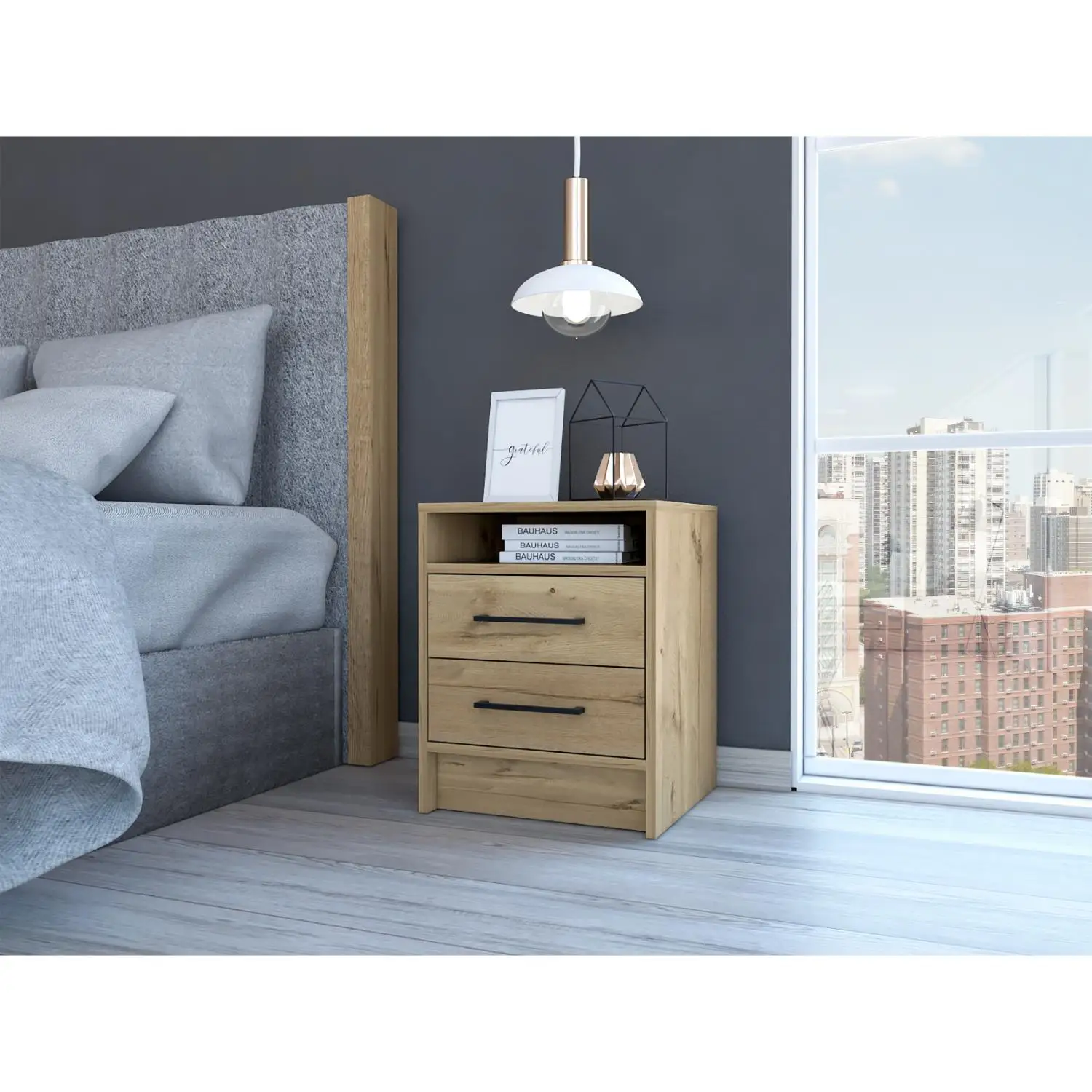 Eter Nightstand, Superior Top, Two Drawers Light Oak