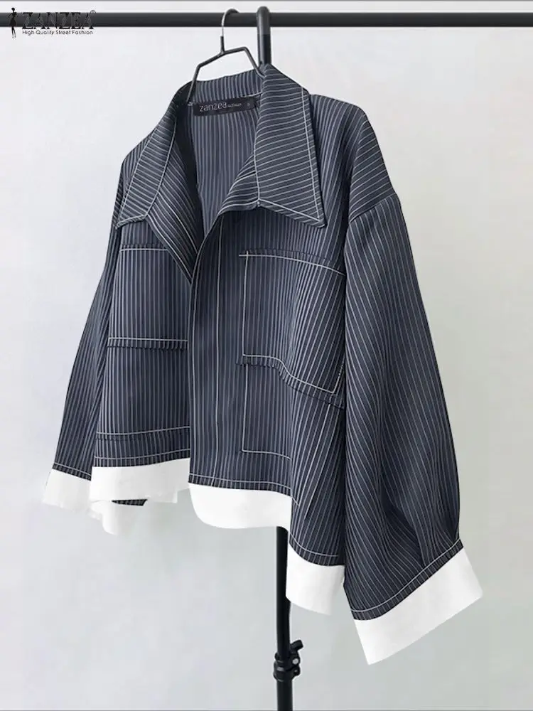 ZANZEA Women Korean Autumn Shirts 2025 Long Sleeve Striped Patchwork Blouse Fashion Tops Tunic Pockets Office Blusas Femininas