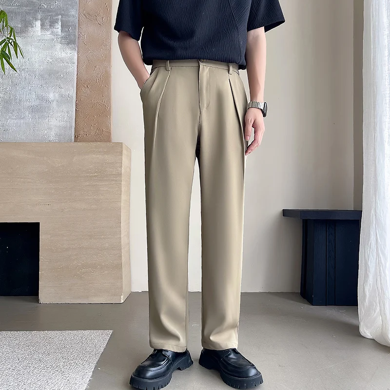 2025 Autumn Wide Leg Casual Pants Men Korean Fashion Loose Pants Solid Color No Ironing Elastic Waist Trousers Men Clothing