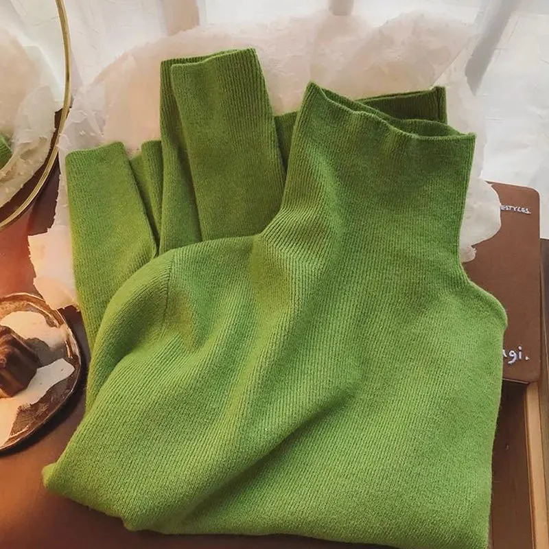 

Green Knitted High Collar Slim Fit Long Sleeve Base Shirt Women's Elegant Style Soft Fabric Casual Wear Autumn New Arrival