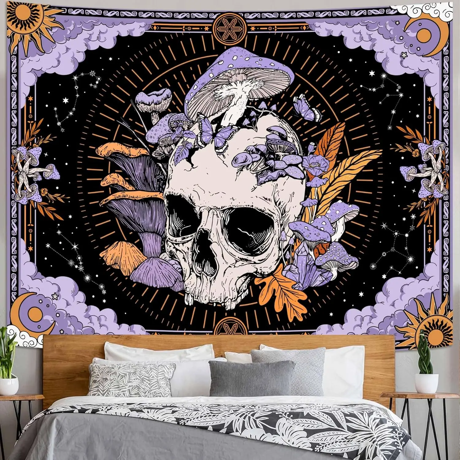 Gothic Skull Mushroom Tapestry Wall Hanging Witchcraft Celestial Occult Tapestries for Bedroom Aesthetic Cottagecore Hippie Dark