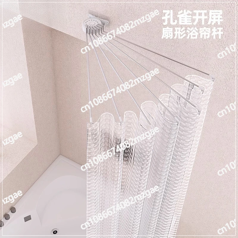Stainless Steel Corner-Adapting Bath Curtain Rod Set, No-Drill Installation with Fan-Shaped Arc & Folding Support