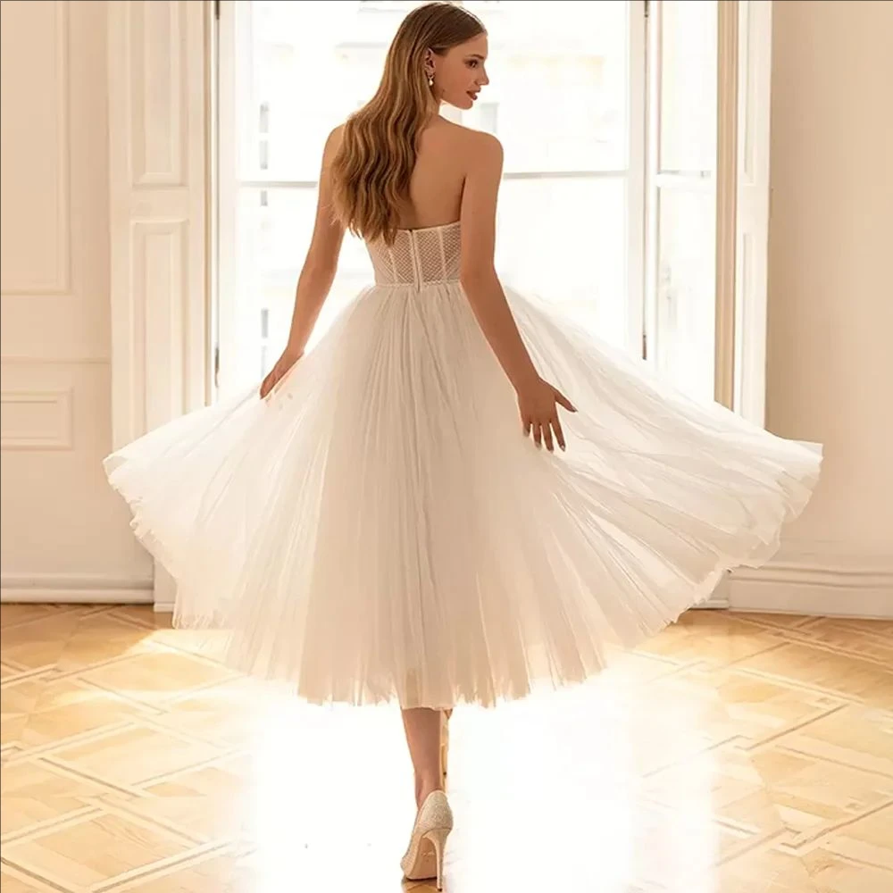 Sweetheart Short Wedding Dresses Mid-Calf Tulle Simple  Bride Gowns A-Line Backless Zipper Customized Vestido De Novia