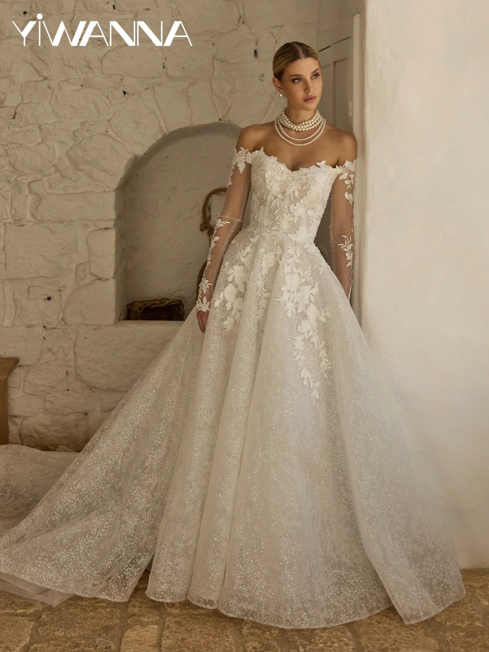 

2026 New Shiny Lace A-line Long Wedding Dress Ivory Off Shoulder Bridal Gown Customized Sweetheart Neck Dresses For Bride