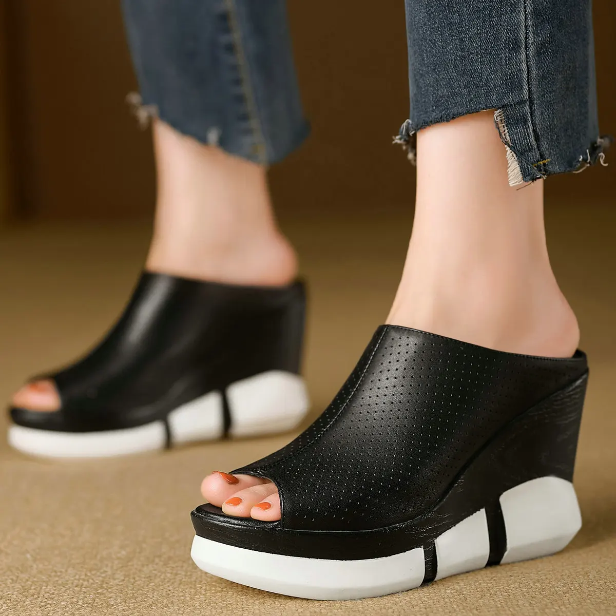 

Gladiator Sandals Women Black White Genuine Leather Wedges High Heel Mules Female Summer Open Toe Platform Pumps Casual Shoes