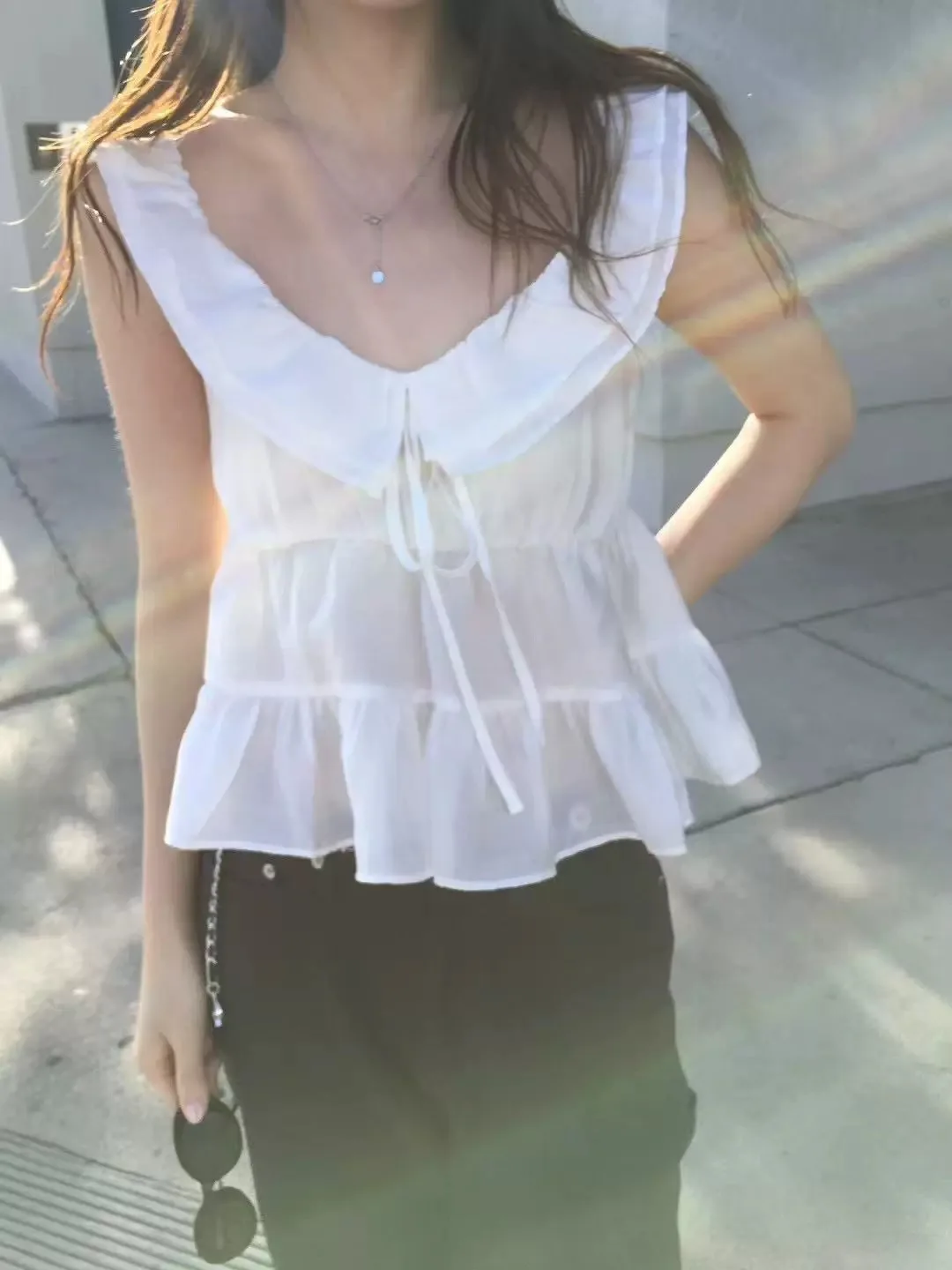 

Sweet Collar Button-Up irt Vegetab*e Pleated ort Svel Strap Top Women's Slim Fit Commute Sle Pure Color Summer Ou...