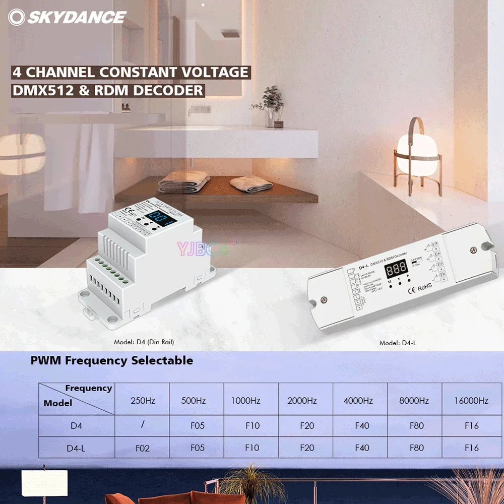 

Skydance 4 Channel Din Rail DMX512 Decoder 12V-24V 20.5A 4CH RDM DMX signal controller for Single color CCT RGB RGBW LED Strip