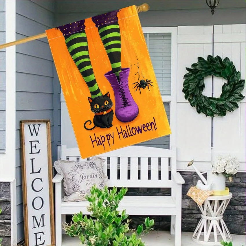 Happy Halloween Garden Flag - Double-Sided Polyester Yard Flag with Witch Legs, Spider & Black Cat Design, No Power Needed