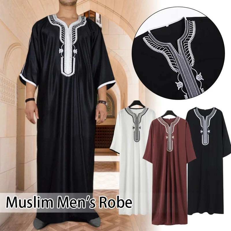 2024 New Summer Caftan New Muslim Men's Black Robe Short Sleeves Embroidered Arabic Ethnic Style Men's Islamic Clothes