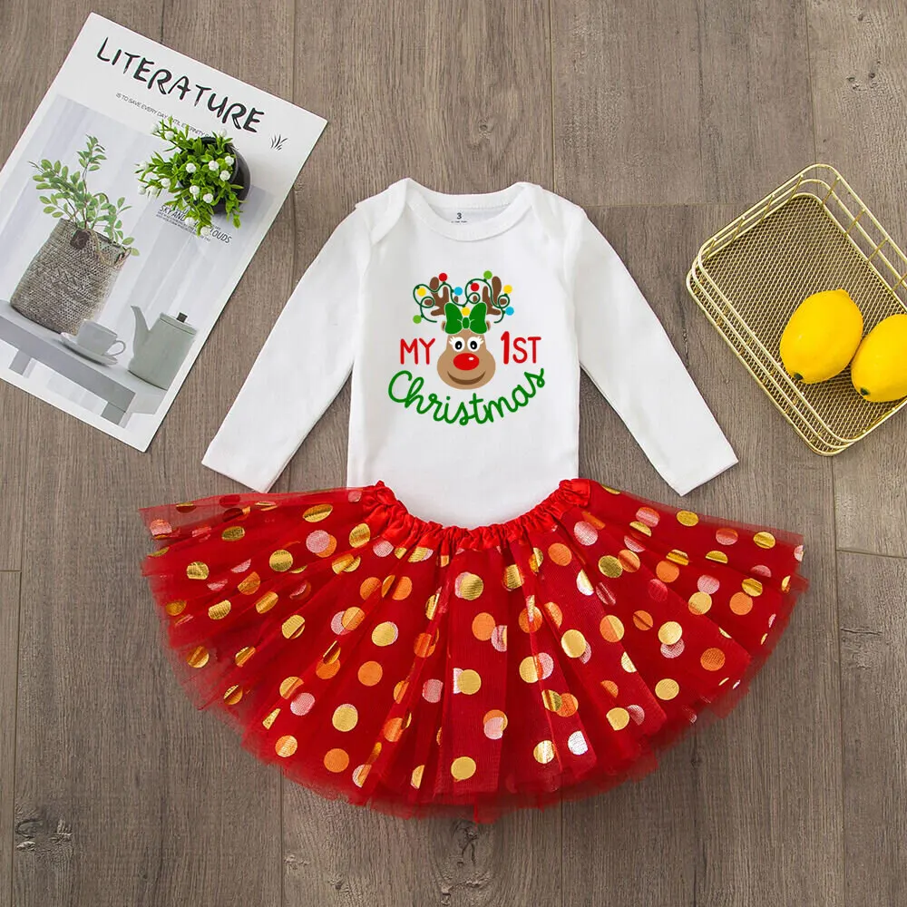 It\'s My First Christmas Baby Romper & Tutu Set Deer Print Girls Outfit Infant Baptism Bodysuit Dress Xmas Outfits Skirt 2pcs