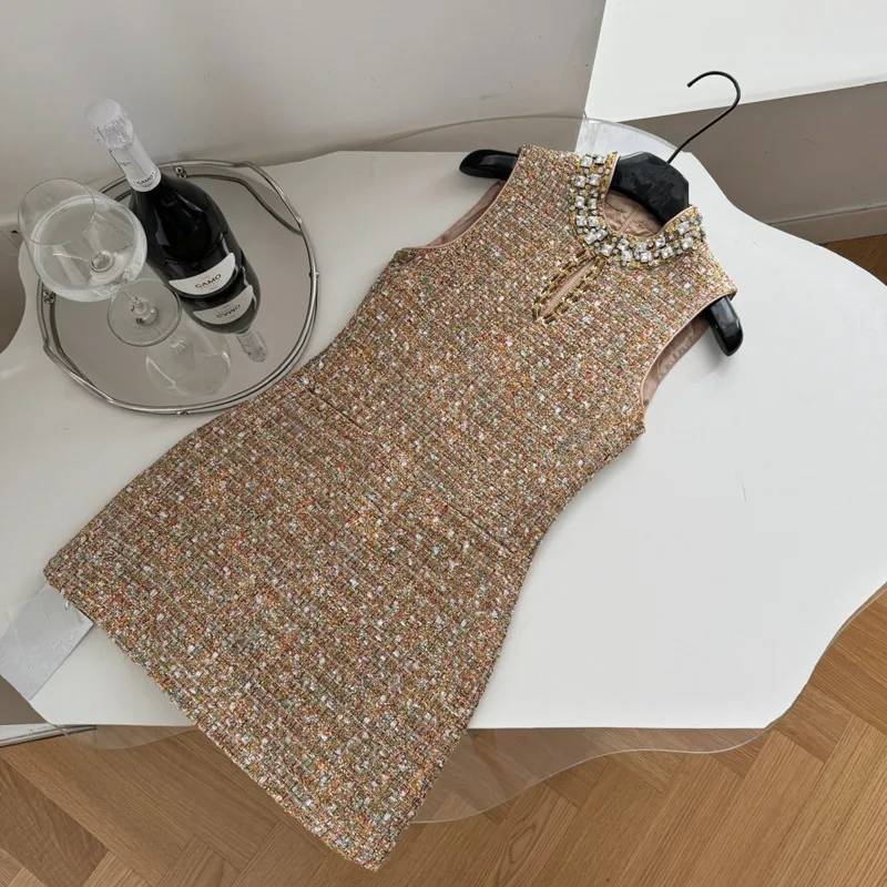 High Quality French Luxury Diamonds Small Fragrance Tweed Dress For Women Vintage Elegant Sleeveless Sexy Short Dresses Vestidos