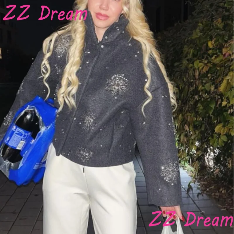 Embroidery Beading Loose Zipper Coat For Women Lapel Collar Bat Sleeve Solid Wool Blend Jacket 025 Autumn Casual Lady Outerwear