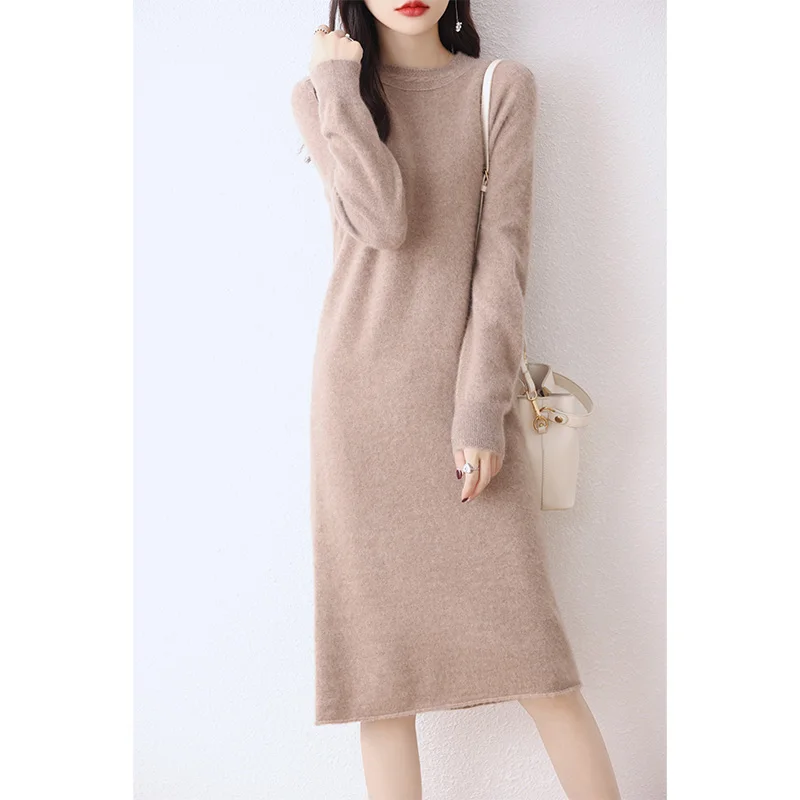 Hot Sale 100% Pure Wool Longer Dresses For Women 2023 Fashion Cashmere Sweaters Hot Sale Long Style Pullovers 6Colors Jumpers DR