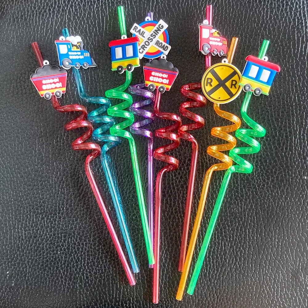 Train Birthday Straws Train Keychain Reusable Plastic Straws Drink Cocktail with Cartoon Decoration Birthday Party Supplies Gift