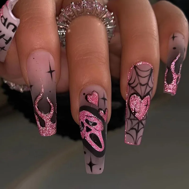 

24pcs Glitter Pink Sequins Fake Nails 2025 Halloween Scary Skull Love Print False Nails Wearable European Ballet Press on Nails