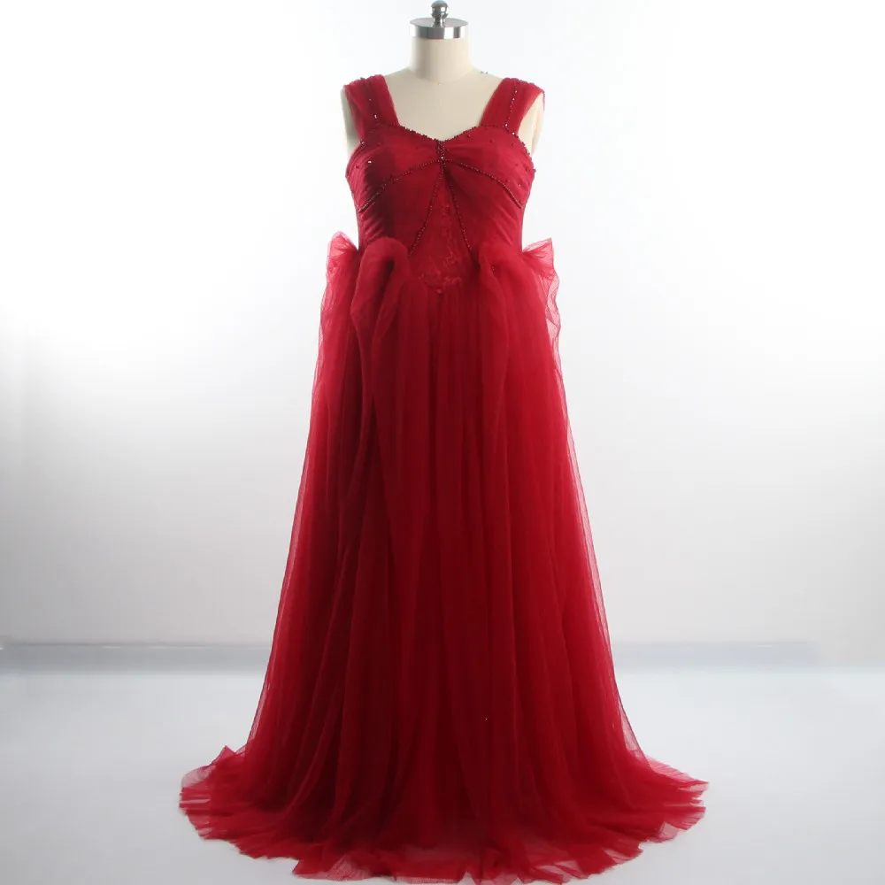 

Evening Dresses Burgundy Strapless Tulle Lace Pleat Beading Sleeveless A-line Floor Length Plus size Women Party Dress B1524