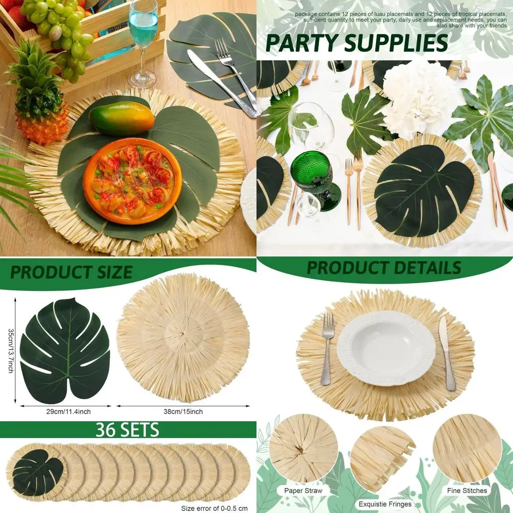 

72 Tropical Luau Round Placemats with Palm Fringe, Bulk Hawaiian Themed Table Decor for Summer Parties