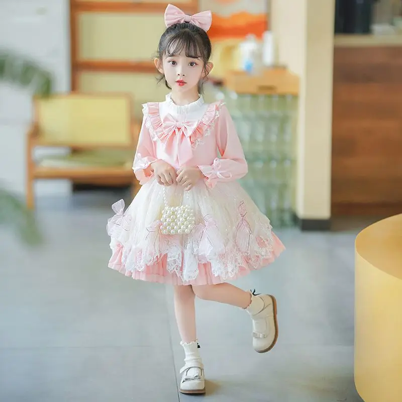 

2024 New Autumn Princess Girls' Dress Fleece-Lined Sweet Cute Pettiskirt Western Style Skirt