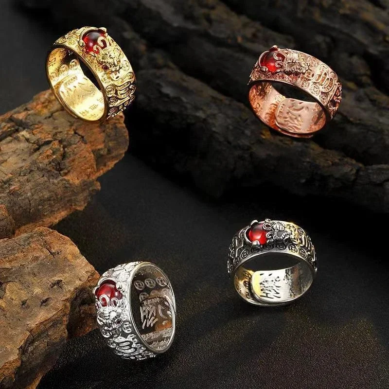 Lucky Amulet Feng Shui Pixiu Ring for Women Men Retro Silver Plated Adjustable Rings Good Luck and Wealth Buddhist Jewelry Gift